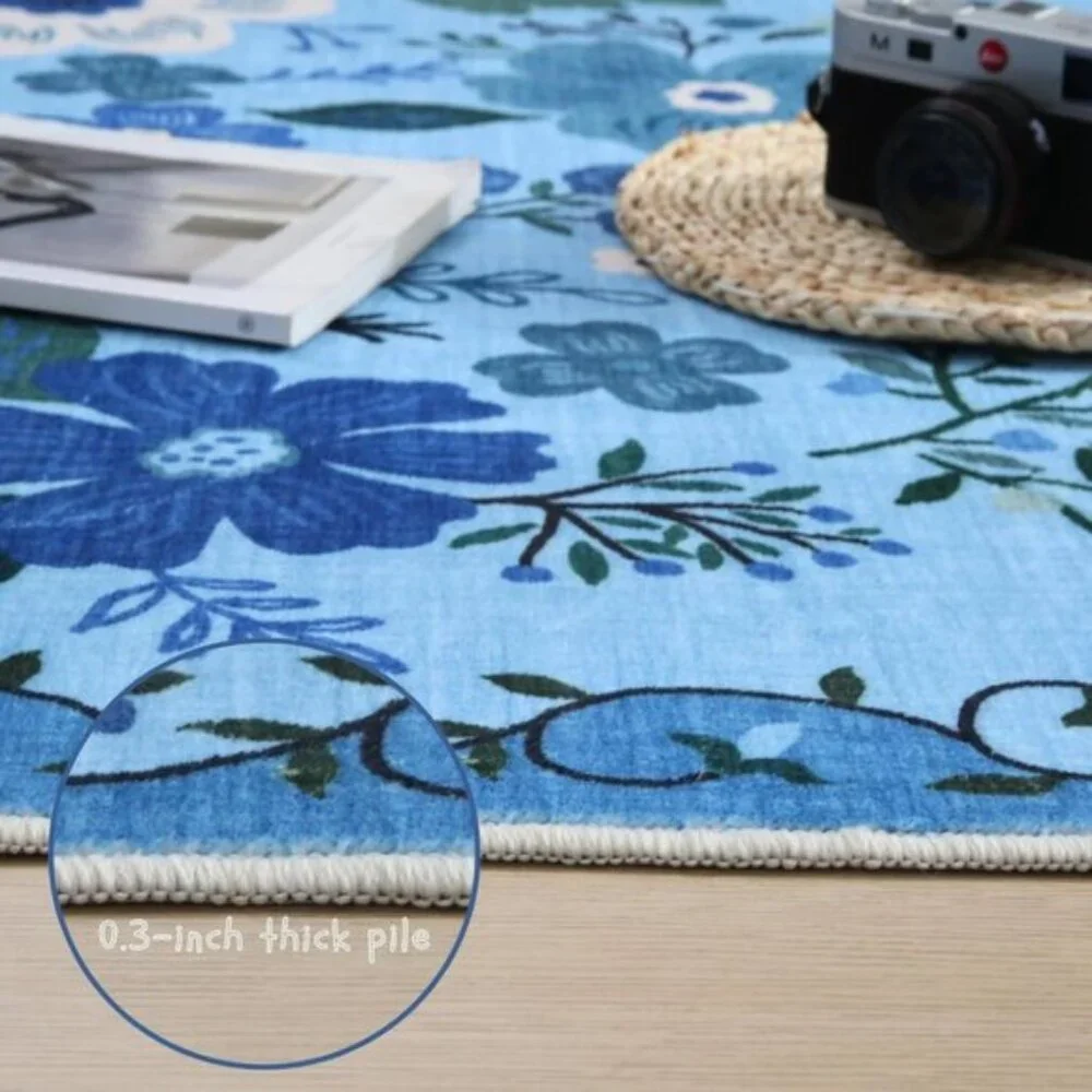 Non Slip 2'x 6' Blue Washable Runner Rugs with Rubber Backing Soft Floral Carpet